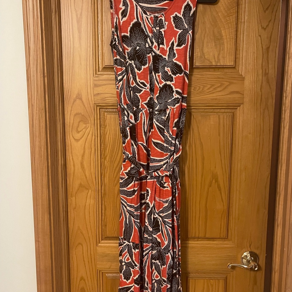 Denim&Co Dark Coral Floral Maxi Dress with Black and Cream Pattern
